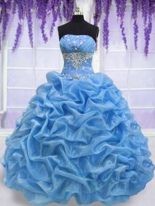 Flirting Blue Lace Up Vestidos de Quinceanera Beading Sleeveless Floor Length
