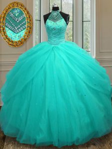 Extravagant Halter Top Sleeveless Lace Up Floor Length Beading Quinceanera Dress