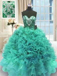 Trendy Turquoise Sleeveless Floor Length Beading and Ruffles Lace Up Quinceanera Court Dresses