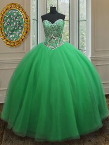 Lovely Green Tulle Lace Up Vestidos de Quinceanera Sleeveless Floor Length Beading