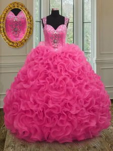 Cute Hot Pink Quinceanera Gown Military Ball and Sweet 16 and Quinceanera and For with Beading and Ruffles Straps Sleeveless Zipper