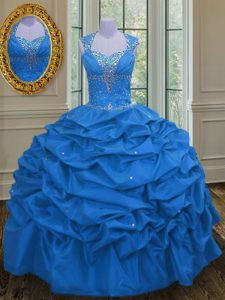 Pick Ups Floor Length Blue Quinceanera Gown Straps Sleeveless Lace Up