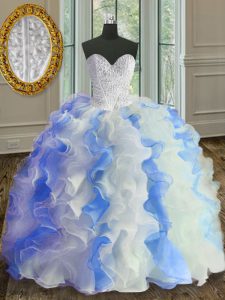 Spectacular Floor Length Lace Up Sweet 16 Dresses White and Blue for Military Ball and Sweet 16 and Quinceanera with Beading and Ruffles