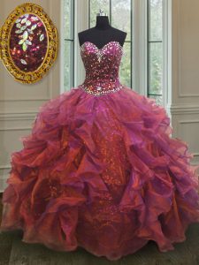 Spectacular Organza and Sequined Sleeveless Floor Length Quinceanera Court of Honor Dress and Beading and Ruffles