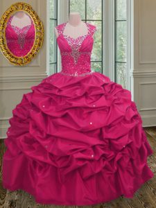 Pick Ups Ball Gowns Quince Ball Gowns Hot Pink Straps Taffeta Sleeveless Floor Length Lace Up