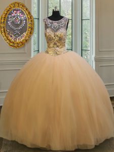 Tulle Scoop Sleeveless Backless Beading and Appliques Party Dress for Toddlers in Gold