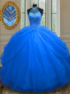 Royal Blue Tulle Lace Up Halter Top Sleeveless Floor Length Quinceanera Dama Dress Beading