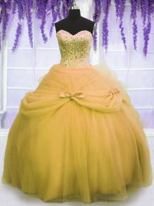Modest Gold Sleeveless Floor Length Beading and Bowknot Lace Up Vestidos de Quinceanera