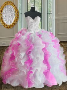 Top Selling Beading and Ruffles Quince Ball Gowns White and Pink Lace Up Sleeveless Floor Length