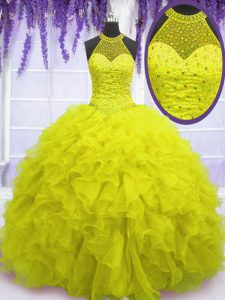 Vintage Yellow Ball Gowns Organza High-neck Sleeveless Beading and Ruffles Floor Length Lace Up Juniors Party Dress