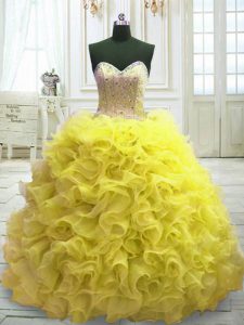 Sleeveless Sweep Train Lace Up Beading and Ruffles Quinceanera Dress