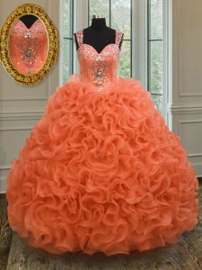Orange Red Ball Gowns Straps Sleeveless Organza Floor Length Zipper Beading and Ruffles Dama Dress
