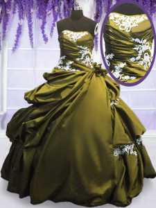 Stylish Olive Green Ball Gowns Taffeta Strapless Sleeveless Appliques and Pick Ups Floor Length Lace Up Quinceanera Gown