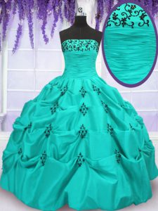 Trendy Mermaid Aqua Blue Ball Gown Prom Dress Military Ball and Sweet 16 and Quinceanera and For with Embroidery and Pick Ups Strapless Sleeveless Lace Up
