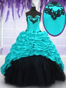High Quality Aqua Blue Ball Gowns Appliques and Pick Ups Quinceanera Dresses Lace Up Taffeta Sleeveless With Train