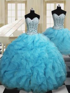 Modest Three Piece Beading and Ruffles Sweet 16 Quinceanera Dress Baby Blue Lace Up Sleeveless Floor Length