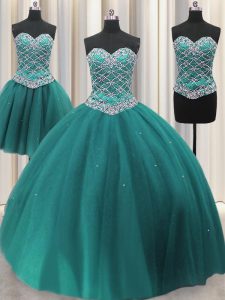 On Sale Three Piece Beading and Sequins Sweet 16 Quinceanera Dress Teal Lace Up Sleeveless Floor Length