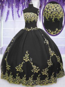 Clearance Black Ball Gowns Appliques Sweet 16 Dress Zipper Tulle Sleeveless Floor Length