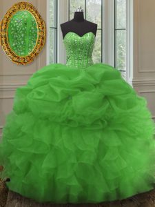 Ideal Green Organza Lace Up Sweetheart Sleeveless Floor Length Vestidos de Quinceanera Beading and Ruffles and Pick Ups