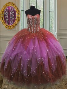Multi-color Sleeveless Beading and Ruffles and Sequins Floor Length Ball Gown Prom Dress