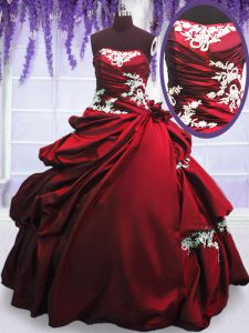Wine Red Taffeta Lace Up Quinceanera Dresses Sleeveless Floor Length Appliques and Pick Ups