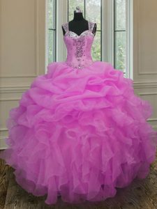 Straps Lilac Sleeveless Beading and Ruffles Floor Length Sweet 16 Dresses