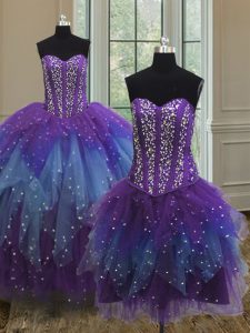 Extravagant Three Piece Sequins Ball Gowns Ball Gown Prom Dress Multi-color Sweetheart Tulle Sleeveless Floor Length Lace Up