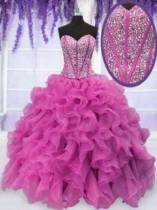 Floor Length Hot Pink Quinceanera Court of Honor Dress Sweetheart Sleeveless Lace Up