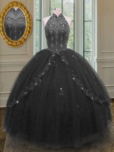 Black Lace Up High-neck Beading and Appliques Ball Gown Prom Dress Tulle Sleeveless