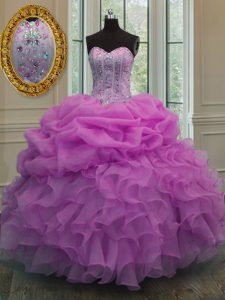 Pick Ups Lilac Sleeveless Organza Lace Up Sweet 16 Dress for Military Ball and Sweet 16 and Quinceanera