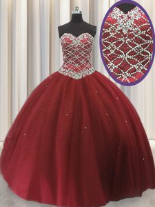 Free and Easy Floor Length Lace Up Sweet 16 Dress Red for Military Ball and Sweet 16 and Quinceanera with Beading and Sequins