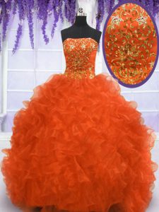 Sleeveless Organza With Brush Train Lace Up Quinceanera Dress in Orange Red with Beading and Appliques and Ruffles