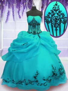 Super Turquoise Lace Up Strapless Embroidery Quinceanera Dress Organza Sleeveless
