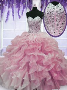 Rose Pink Sleeveless Organza Lace Up Quince Ball Gowns for Military Ball and Sweet 16 and Quinceanera