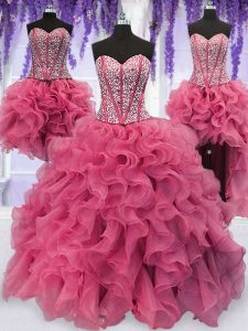 Popular Four Piece Sequins Ruffled Floor Length Ball Gowns Sleeveless Pink Military Ball Gowns Lace Up