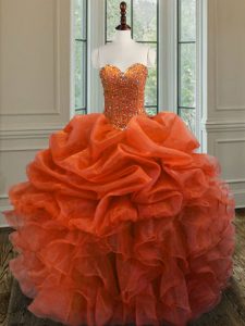 High End Floor Length Orange Red 15 Quinceanera Dress Sweetheart Sleeveless Lace Up
