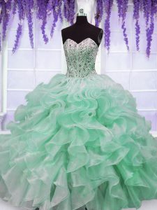 Fitting Sleeveless Floor Length Beading and Ruffles Lace Up Quinceanera Dresses with Apple Green