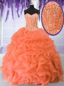 Custom Made Sleeveless Floor Length Beading and Ruffles Lace Up Ball Gown Prom Dress with Orange Red