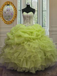 Beading and Pick Ups 15 Quinceanera Dress Yellow Green Lace Up Sleeveless Floor Length
