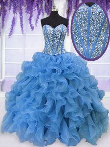 Attractive Sleeveless Floor Length Beading and Ruffles Lace Up Quinceanera Dress with Baby Blue