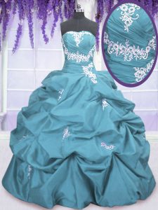 Teal Sleeveless Floor Length Appliques and Pick Ups Lace Up Vestidos de Quinceanera
