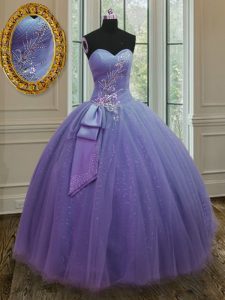 Lavender Tulle and Sequined Lace Up Sweetheart Sleeveless Floor Length 15th Birthday Dress Beading and Ruching and Bowknot