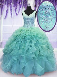 Affordable Blue Sleeveless Organza Lace Up Ball Gown Prom Dress for Military Ball and Sweet 16 and Quinceanera
