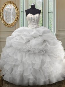 Stylish Beading and Ruffles and Pick Ups 15 Quinceanera Dress White Lace Up Sleeveless Floor Length