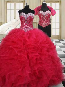 Most Popular Sweetheart Sleeveless Quinceanera Dresses Floor Length Beading Red Organza
