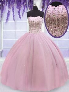 Custom Fit Baby Pink Tulle Lace Up Sweetheart Sleeveless Floor Length Quinceanera Gown Beading