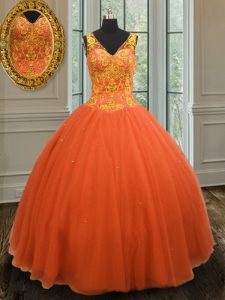 Beautiful Sleeveless Tulle Floor Length Zipper 15th Birthday Dress in Orange Red with Beading