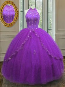 On Sale Purple High-neck Neckline Beading and Appliques Quince Ball Gowns Sleeveless Lace Up