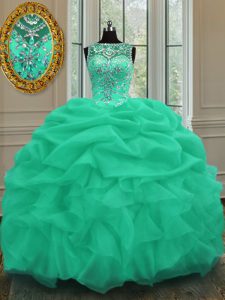 Beautiful Apple Green Organza Lace Up Scoop Sleeveless Floor Length Sweet 16 Dresses Beading and Pick Ups