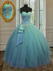 New Style Floor Length Turquoise Vestidos de Quinceanera Tulle Sleeveless Beading and Ruching and Bowknot